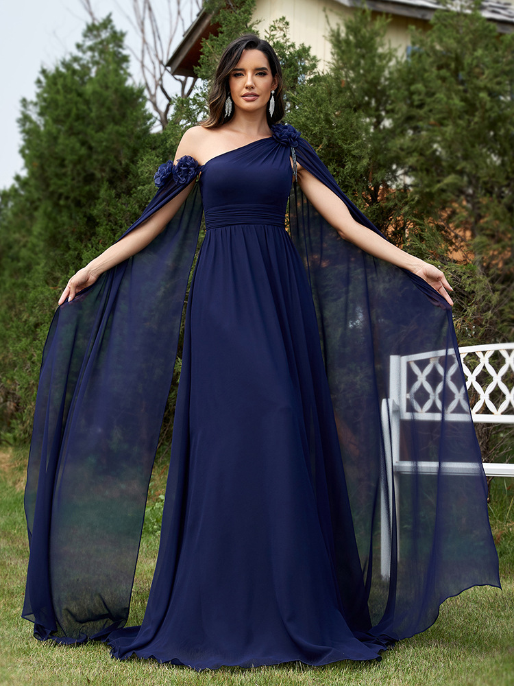 Women's Clothing Elegant Chiffon Sash A-Line Evening Dress Flowy Formal Gown For Banquet, Bridesmaid, Party (Deep Blue, Deep Red, Black, Red)_voghion.com