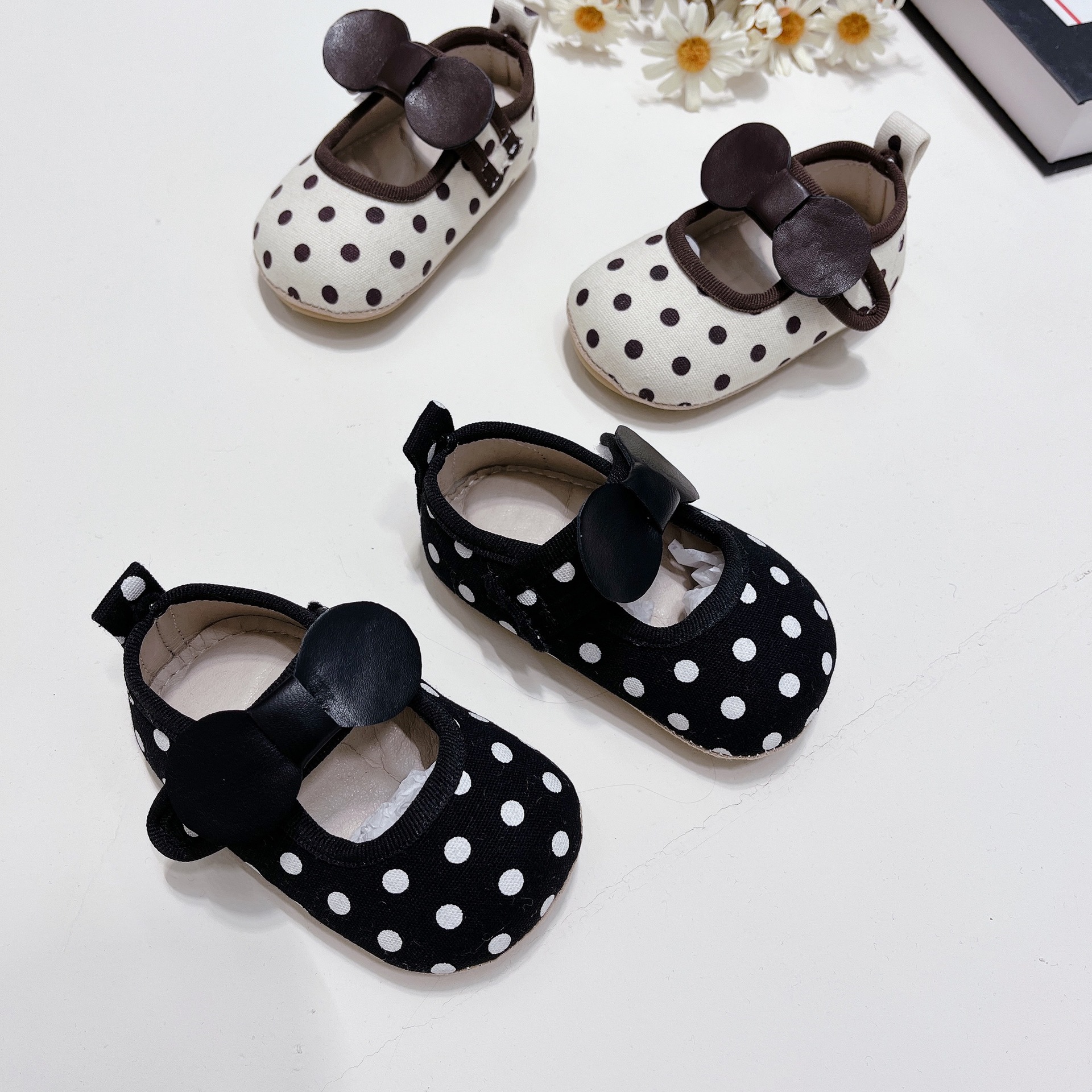 Spring and Autumn New Toddler Shoes Baby Girl Princess Shoes Step Front Shoes Soft Sole Non-slip Bow Black and White Polo Dot Student Shoes