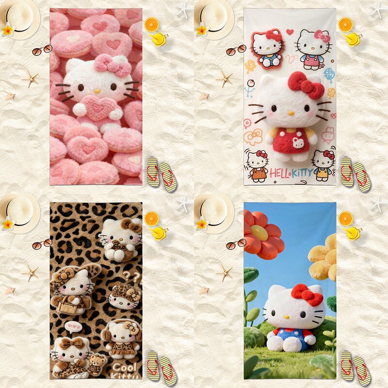 Hello Kitty Soft and Cute Plush Microfiber Digitally Printed Beach Towel with Girly Heart Pattern