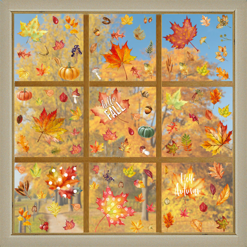 New Amazon Autumn Maple Leaf Electrostatic Window Sticker Thanksgiving Pumpkin Window Glass Door Decoration Falling Leaves Sticker
