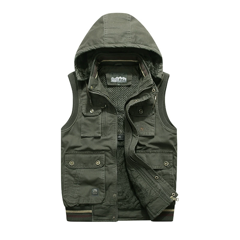 Осенне-Зимний новый жилет из выстиранного хлопка, мужской повседневный уличный жилет с капюшоном в стиле милитари на флисовой подкладке, мужской 8610
