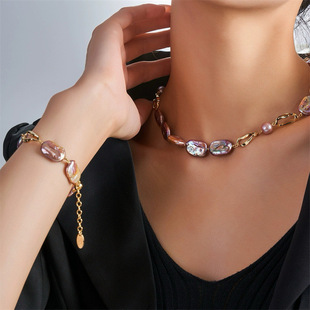 Freshwater Pearl Purple Baroque Colorful Square Spring and Summer Neck Chain Light Luxury Clavicle Chain Bracelet Personalized Fashion Atmosphere