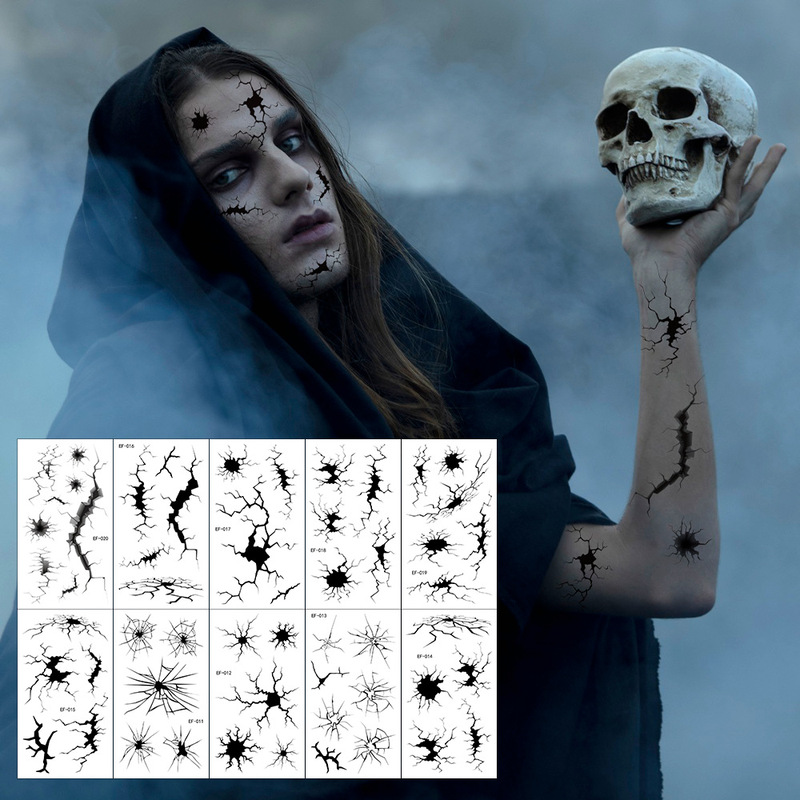 Cross-Border Hot-Selling New Halloween Crackle Face Tattoo Stickers Black Horror Makeup Quirky Waterproof Tattoo Stickers Cross-Border Hot-Selling New Halloween Crackle Face Tattoo Stickers Black Horror Makeup Quirky Waterproof Tattoo Stickers