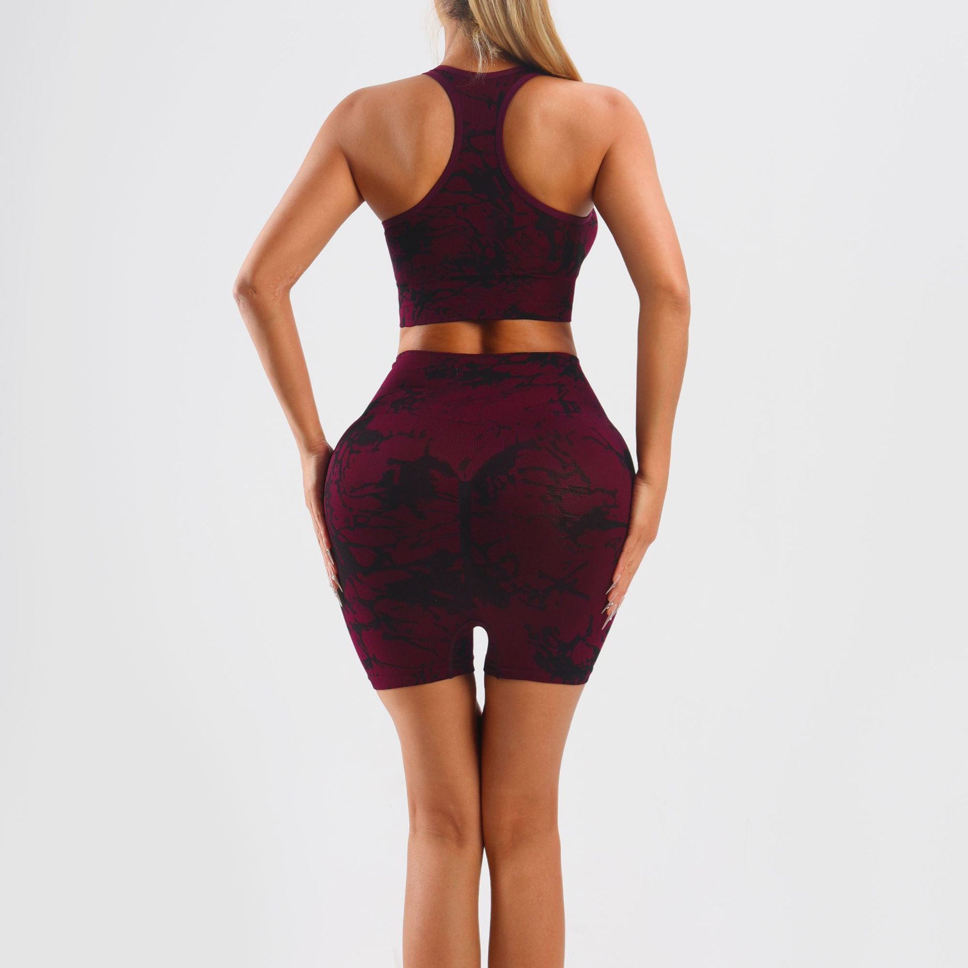 Traje deportivo de yoga jacquard de punto sin costuras transfronterizo, pantalones cortos deportivos de cadera de melocotón de secado rápido con almohadilla para el pecho, chaleco de pecho