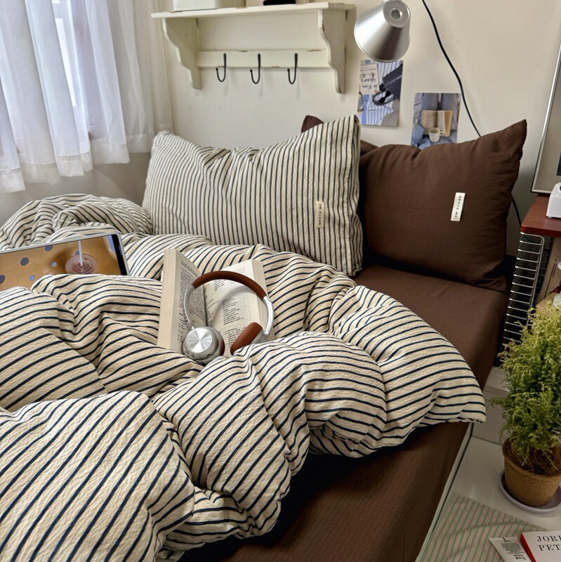 Minimalist Striped Pure Cotton Four-Piece Set Japanese-Style Mixed Washable Cotton Three-Piece Set for Sleeping Naked Dormitory Single Duvet Cover Minimalist Striped Pure Cotton Four-Piece Set Japanese-Style Mixed Washable Cotton Three-Piece Set for Sleeping Naked Dormitory Single Duvet Cover