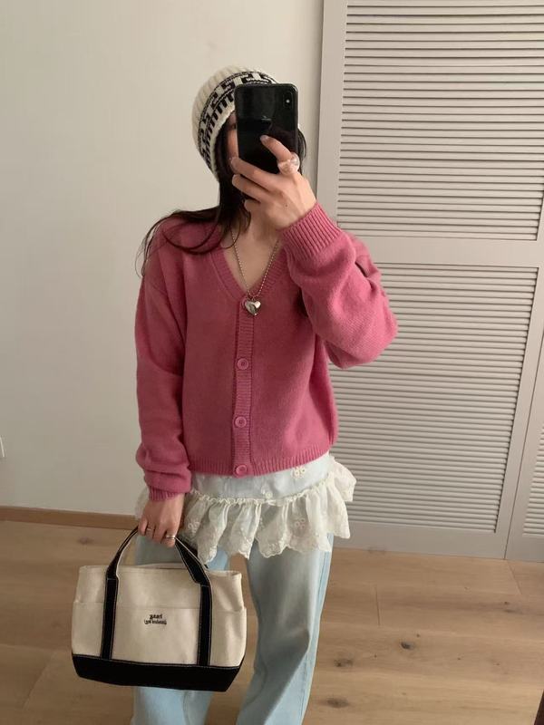 100%全羊毛针织衫女开衫秋季外搭新款韩标V领韩系毛衣短款外搭薄|undefined
