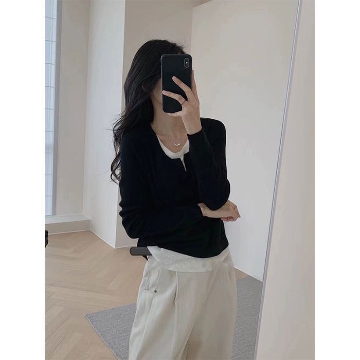 黑色假两件长袖T恤女春秋不规则拼接修身显瘦内搭针织打底衫上衣|undefined