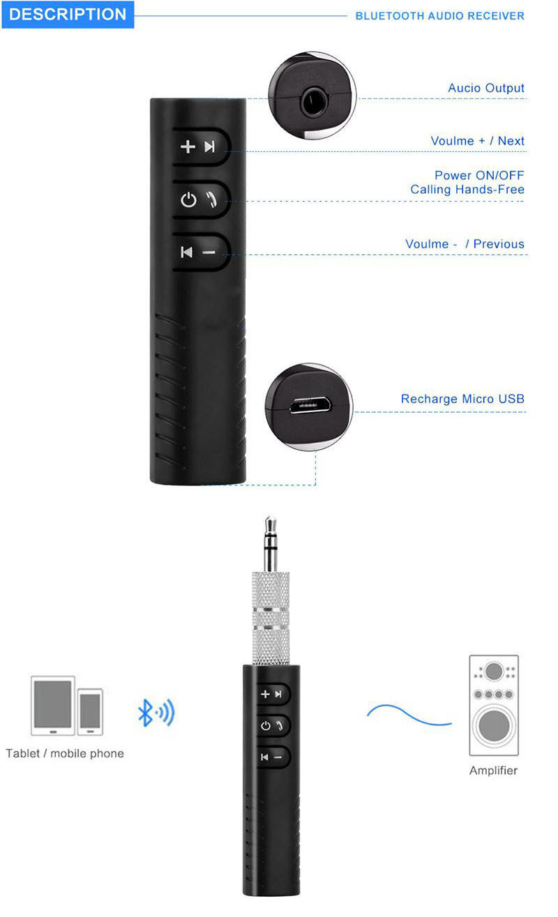 Lavalier 3.5mm Bluetooth Receiver Car Bluetooth Hands-Free Audio Receiver Portable Mp3 Music Player