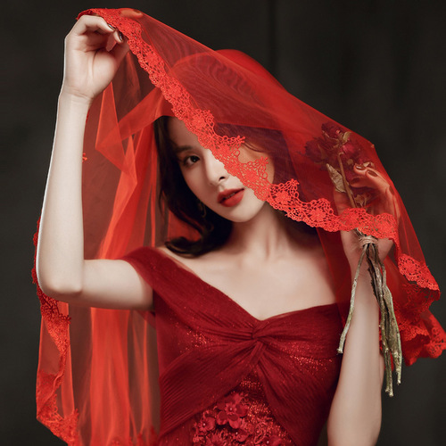 Red Veil Brides' Main Wedding Dress Long Version Xiaohuo Dress Red Covering Wedding Short Lace Chinese Retro Style Net Fabric