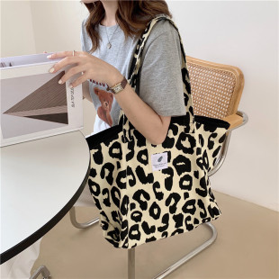 16291 Western-style Leopard Tote Bag Large Capacity Animal Print Canvas Shoulder Bag Portable Schoolgirl Shopping Bag
