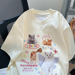 Brand Export Cut Label Tail Order Counter Withdrawal ~ Sweet Little Cat Short-Sleeved T-Shirt for Men and Women Loose Cotton Top Summer