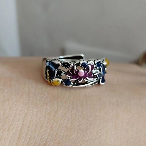 Ancient French ethnic style retro enamel oil craft white temperament lotus silver-plated ring classical literary index ring
