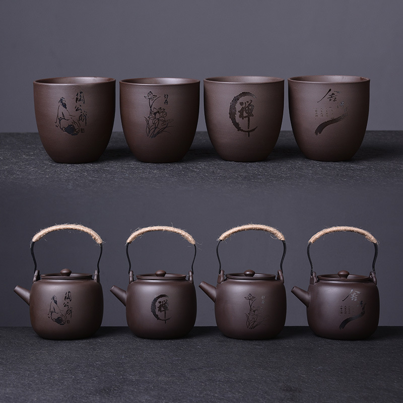 WI25 wholesale retro complete set of original ore purple sand handle pot Kung Fu tea set household teapot tea cup cold water