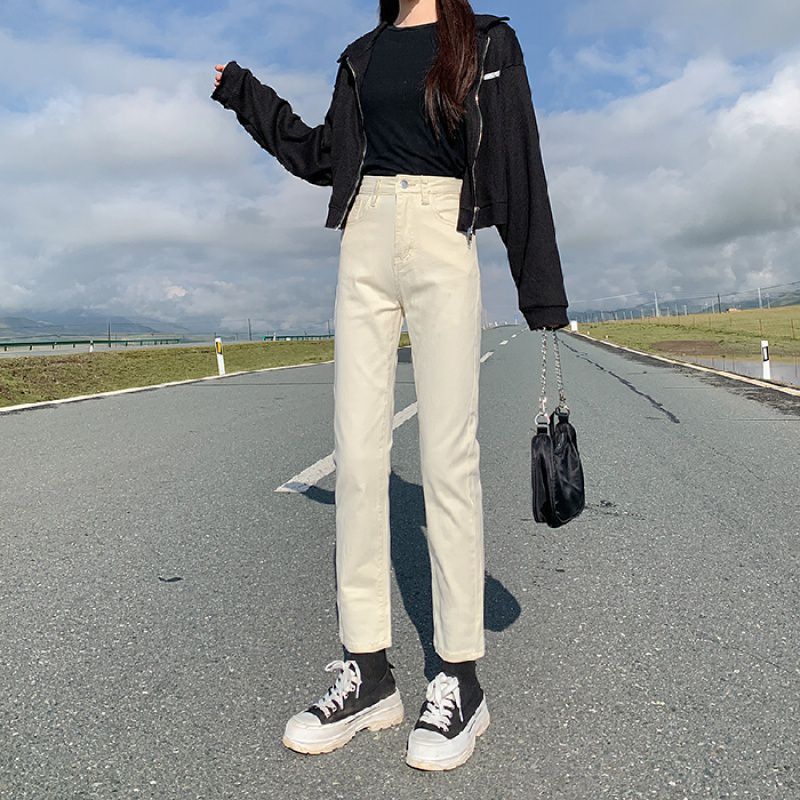 一枚の卸売り代の夏杏色のジーパンの女性の弾力性のまっすぐな筒の春の高い腰の修身はやせているパイプの9分を現します。|undefined