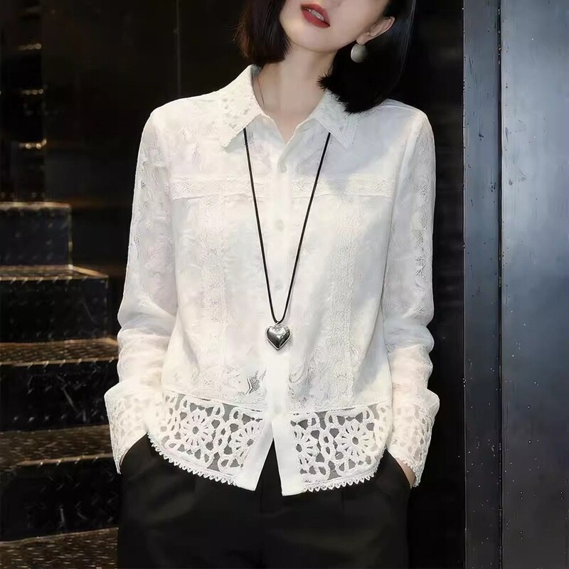 White Hollow Crochet Blouse for Women, 2026 Spring New Style, Youthful, Loose, Slimming, Stylish Base Shirt Top