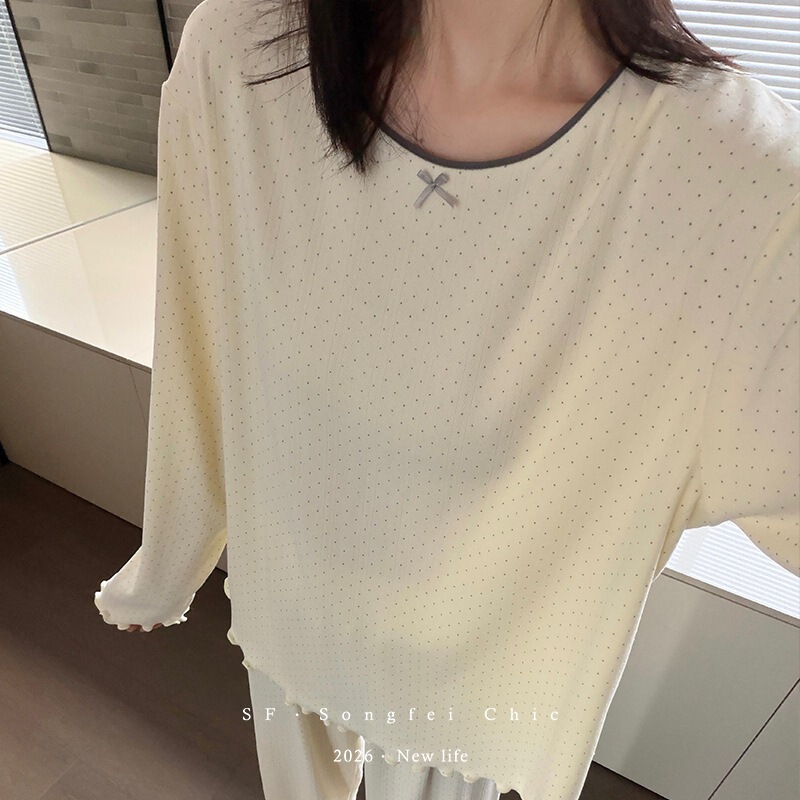 Original color polka dot brushed new pajamas for women, contrasting color round neck, loose and comfortable home wear, autumn and winter long-sleeve set