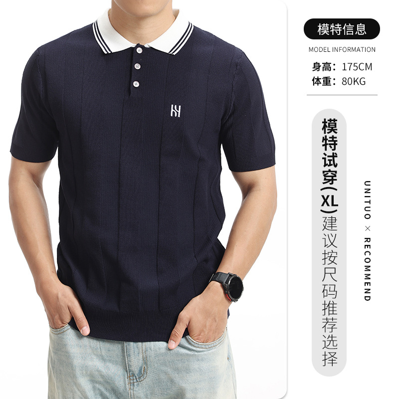 Europa y América transfronterizos de seda de hielo hombre con solapa de punto polo camiseta de verano vieja camiseta de negocios de hombre bordado mangas cortas