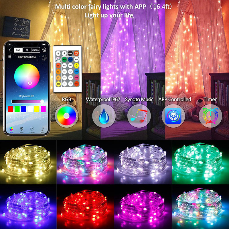 2024 nueva cadena de luz de alambre de cuero Bluetooth RGB luz de agua de carreras de caballos con luz de alambre de cobre decorativa de ambiente navideño