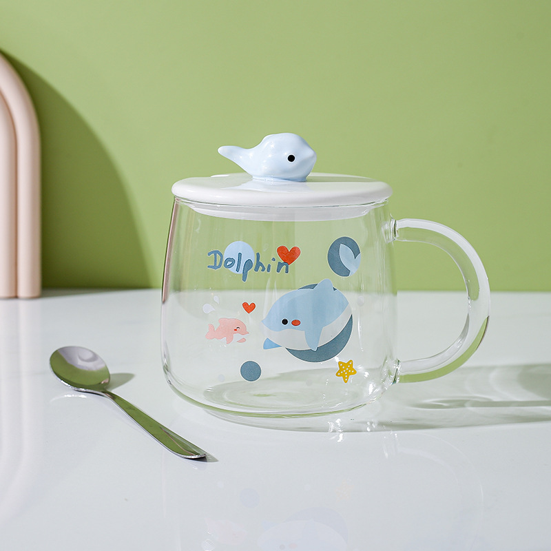 Taza de vidrio resistente al calor taza nórdica oficina en casa pareja delfín taza de agua taza de café de leche con tapa cuchara