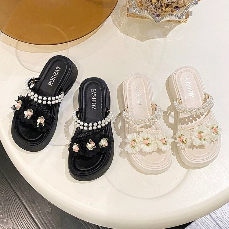 2025 Новые Женские Сандалии с Жемчужным Дизайном "Фея" на Толстой Подошве с Цветочным Принтом для Лета, Сандалии-Туфли для Платья