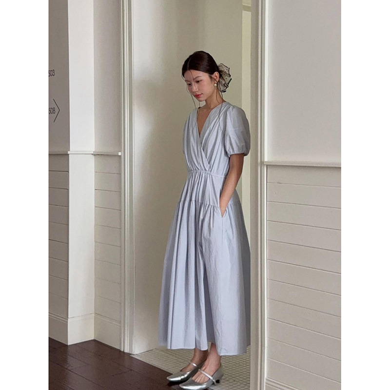 【泡白月光】歌銘レトロ韓系vネックウエストストラップワンピース女性夏中ロングスカートN137C|undefined