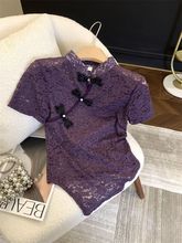 新中式国风盘扣蕾丝钩花短袖恤女夏款不规则镂空旗袍正肩小上衣