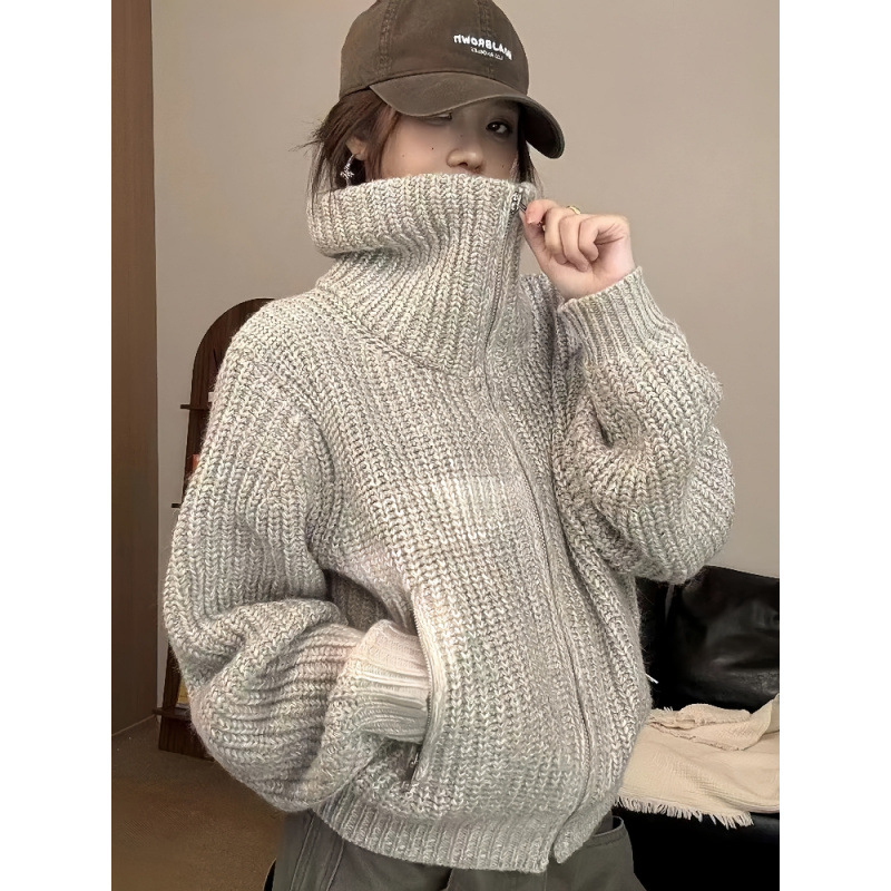 韩系复古拉链高领毛衣女秋冬慵懒高级感宽松粗线厚款针织开衫外套