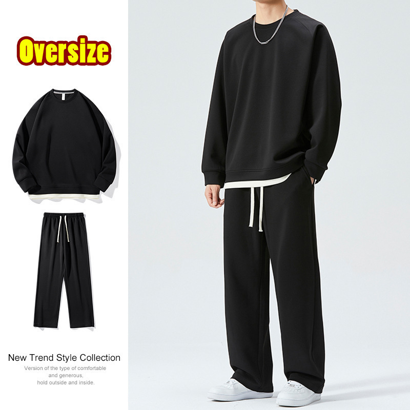 Fashion casual suit men's spring and autumn solid color loose round neck sweater straight trousers matching sports suit wholesale