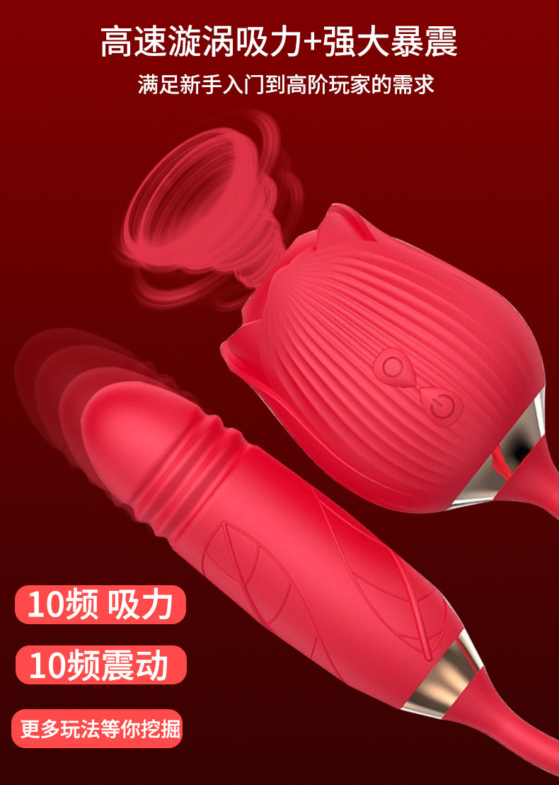 Rose Suction Vibrating Egg with Tongue Licking and Telescopic Motion, Silicone, Pink — detail image 8