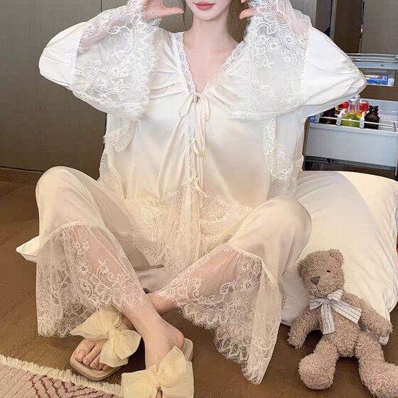 Pajamas Women's Summer New Ice Silk French Court Style Light Luxury High-end Long-sleeved suit Thin Home Clothes for Spring and Autumn