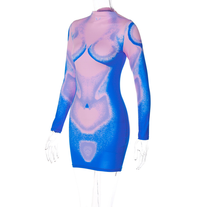 Fashion Solid Color Round Neck Long Sleeve Patchwork Spandex Polyester Knee-Length Sheath Dress