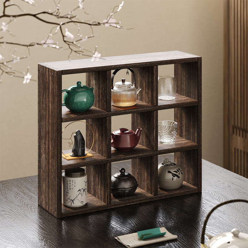 Estante de Exhibición de Escritorio de Madera Sólida para Té y Tazas