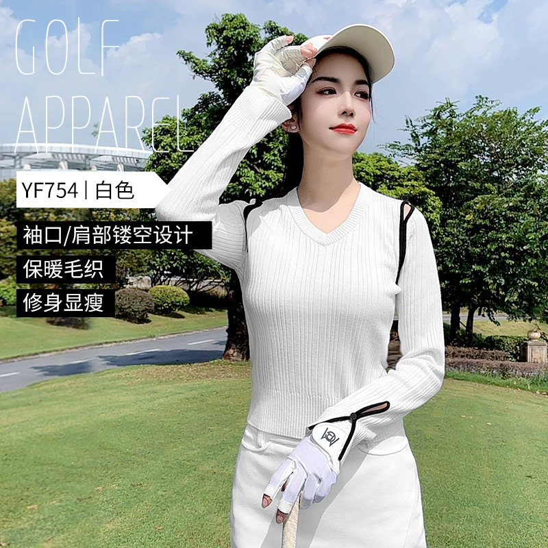 Áo len nữ chơi golf PGM cổ tim đào mùa thu đông ấm áp — YF754 [váy len ấm/thiết kế rỗng/viền và giảm béo] áo len trắng