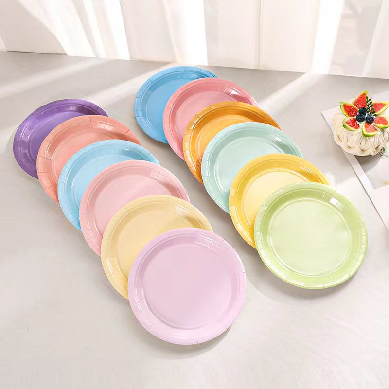 Cross-Border Macaron Color Single-Color Plates 7inch Pure Color Disposable Paper Plates Children's Birthday Party Decorations