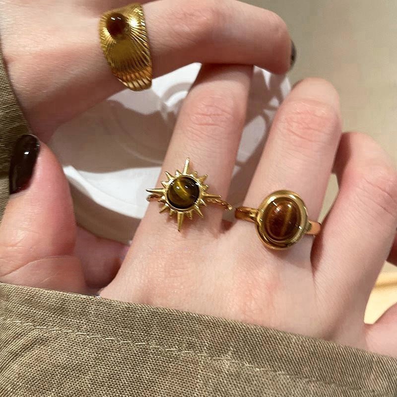 New Maillard Golden Sunflower Tiger Eye Stone Ring Women's High-End Ring Niche Design Unique Ring