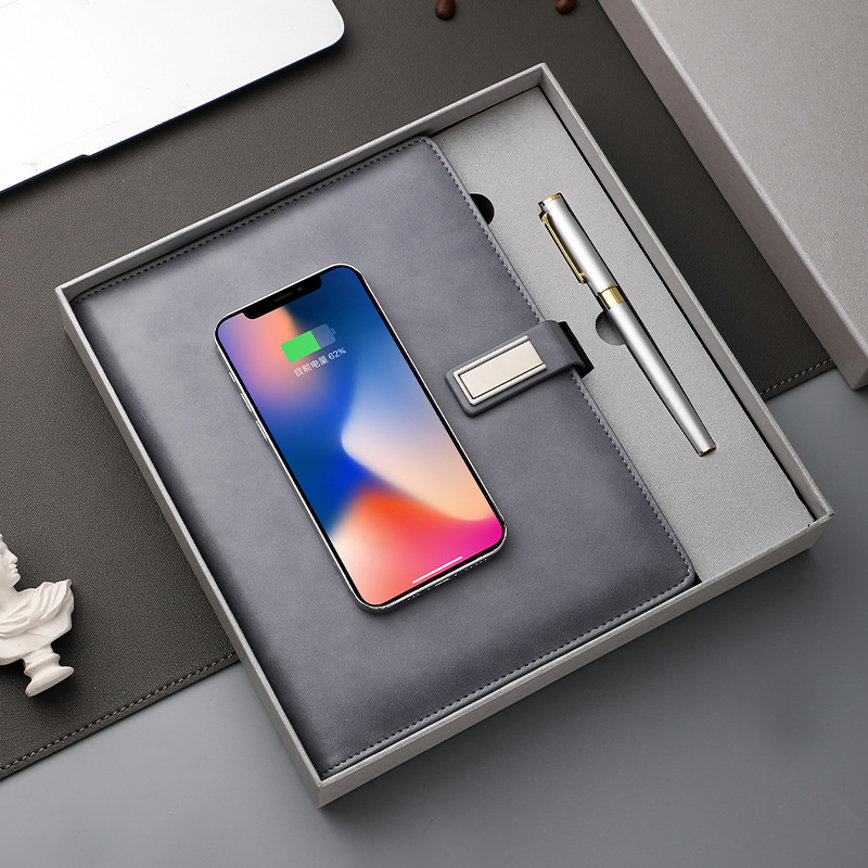 (2개) USB 드라이브가 있는 A5 노트북 무선 충전 루즈리프 책 고급 선물 사무실 선물 상자 세트 노트패드 인쇄 로고