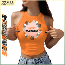 2024新款万圣节橙色豹纹南瓜烫画印花女式背心性感小背心修身上衣