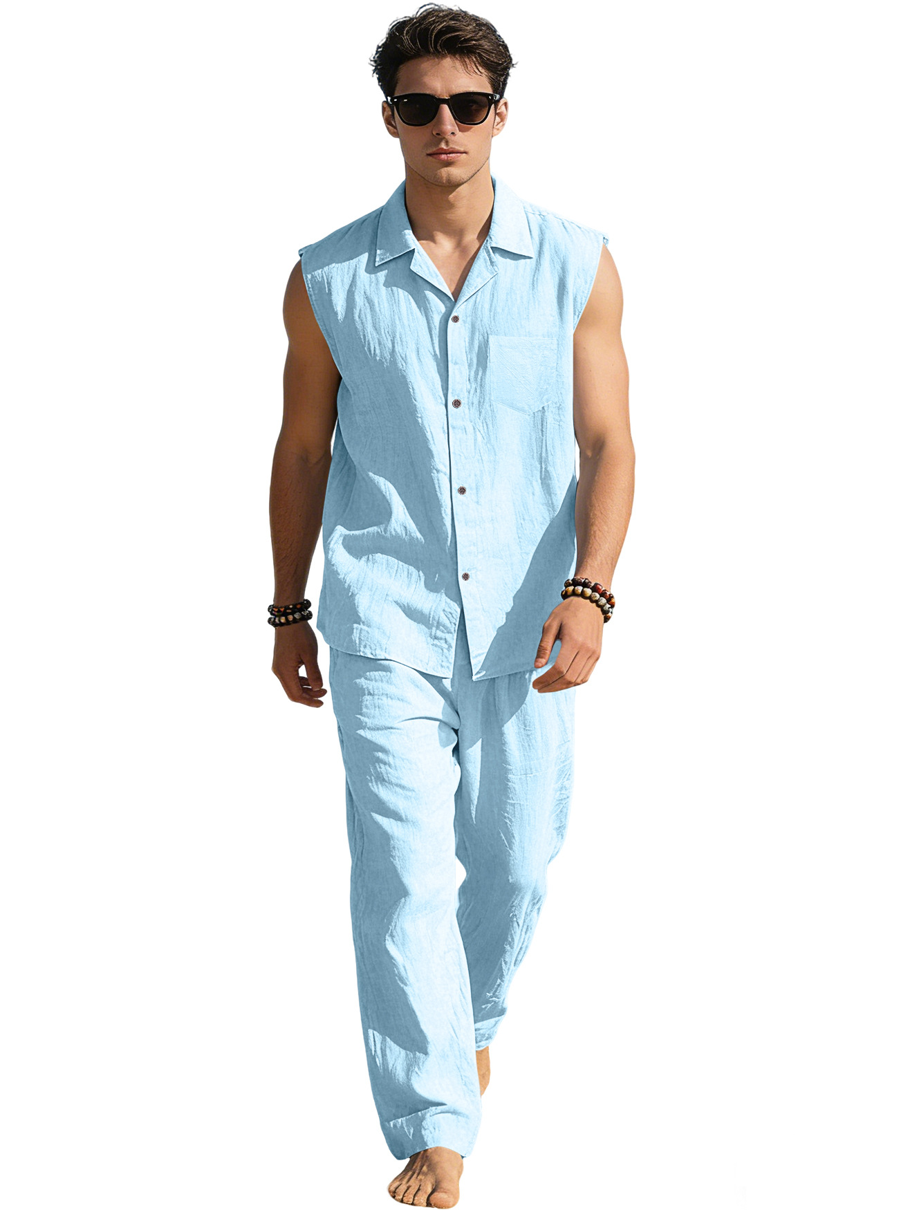 Europa y América transfronterizos de verano hombre camisa delgada sin mangas con solapa deportiva casual lino camisa de color sólido pantalón conjunto