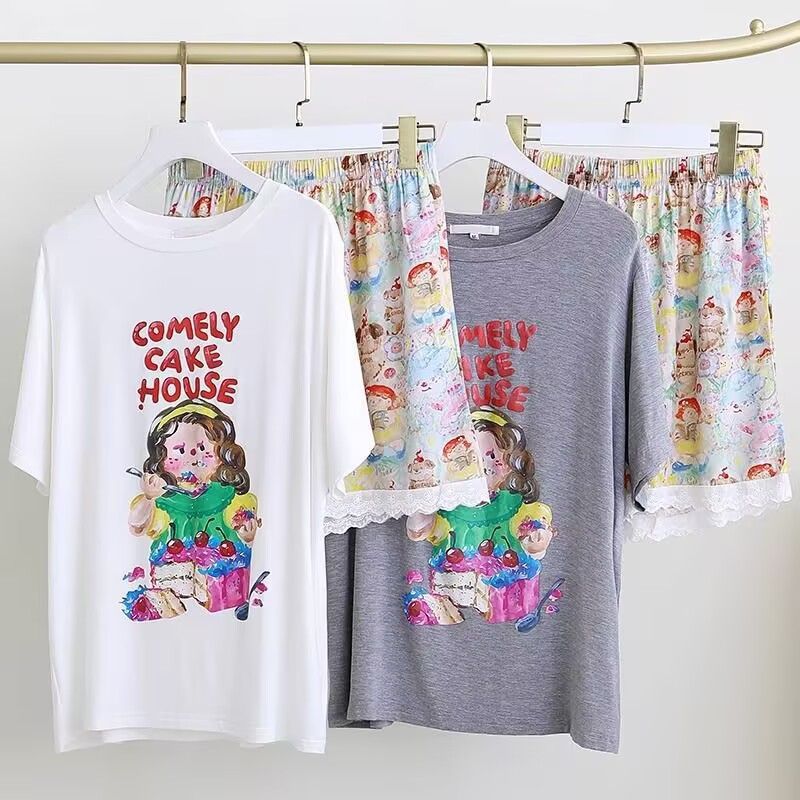 Venta al por mayor transfronteriza de nuevo estilo con almohadilla para el pecho pijamas de verano para mujer pantalones cortos de manga corta de algodón de imitación de encaje ropa de hogar para estudiantes de dibujos animados dulces