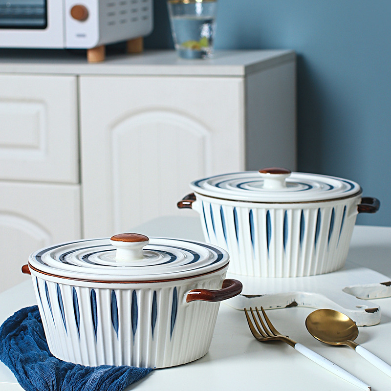 Japanese-Style Simple Ceramic Bowl with Double Handles, Striped Soup Pot, Instant Noodle Bowl with Lid, Household Hand-Painted Underglaze Soup Bowl