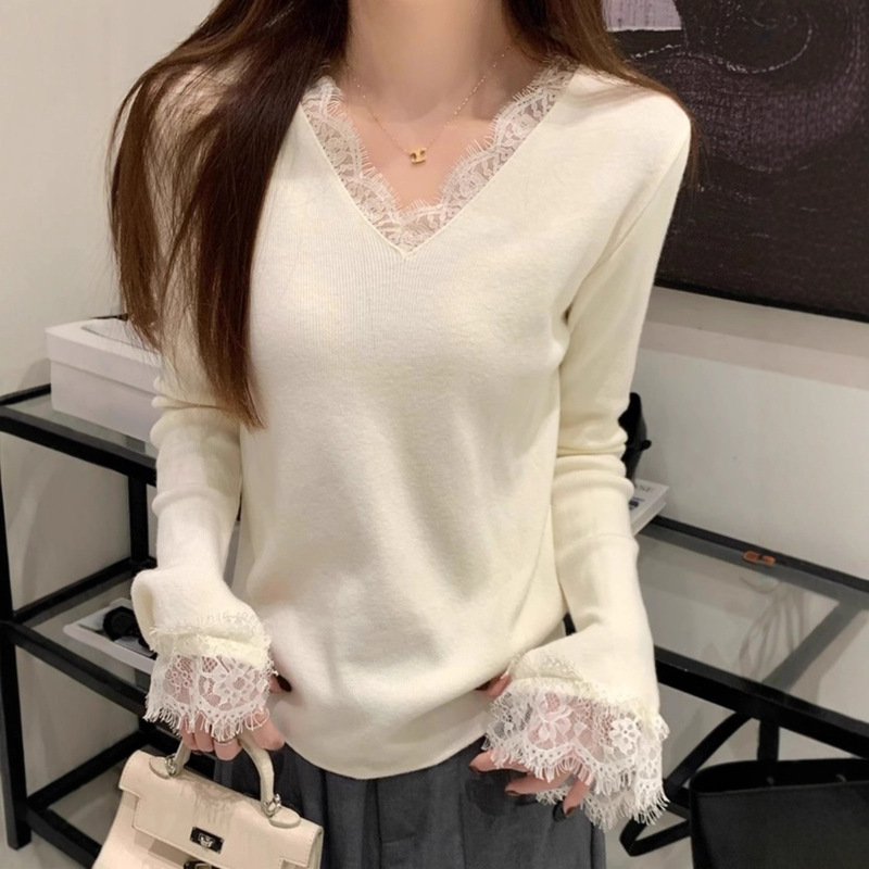French-Style V-Neck Lace Patchwork Pure Desire Knit Sweater for Women, New Autumn and Winter Long-Sleeve High-End Base Layer Sweater