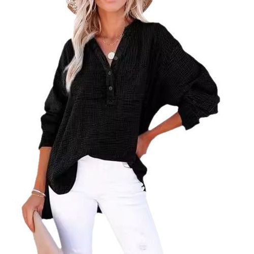 2024 Western and Eastern Fashion Spring and Autumn Crepe Button Long-Sleeve Solid Color Women's Shirt Loose Cotton Hooded Top
