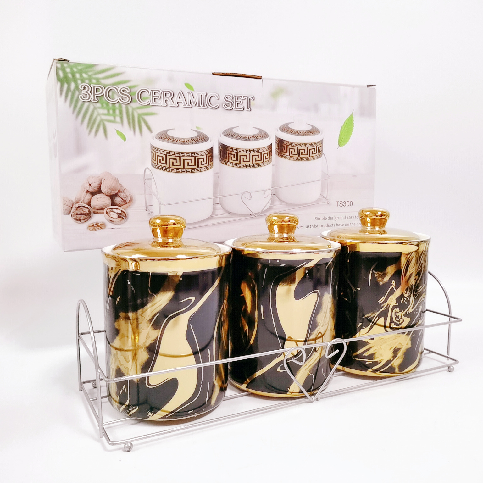 Exportación transfronteriza sellado Jar galvanoplastia de almacenamiento de cerámica tarro con almacenamiento de estante de hierro Jar café té Jar