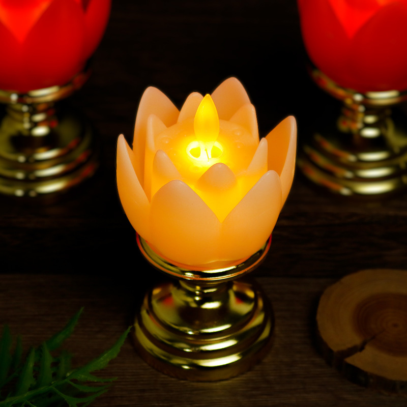 新商品の金色の台座の蓮の花の明かりのled電子のろうそくの明かりの仏陀は明かりを供えて長い明かりの寺院の電子の燭台を揺り動かします。|undefined