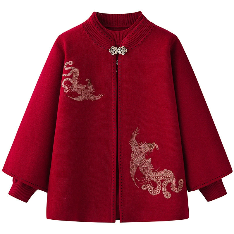 Матери среднего и пожилого возраста носят осенне-зимнее пальто с вышивкой, женский свитер для пожилых женщин, кардиган, бабушка носит осенний костюм из двух частей