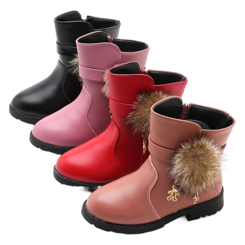 Magic Cute Rabbit Girls' Princess Boots Real Fur Ball Leather Short Boots Snow Boots Children's Martin Boots 2025 Winter New Children's Shoes