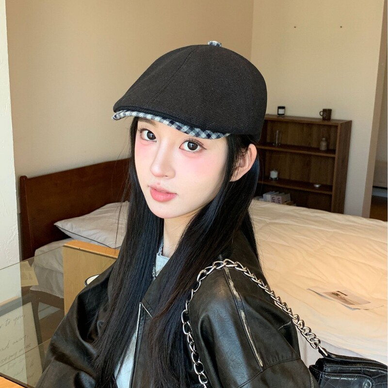 韩版格子檐时尚反戴前进帽秋冬新款鸭舌帽子女百搭气质潮流贝雷帽|undefined