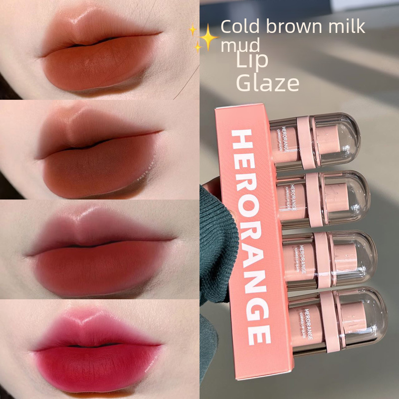 HERORANGE ~ cold brown milk mud Lip Glaze Matte Velvet Matte plain face white color holding mouth red mud student lip gloss