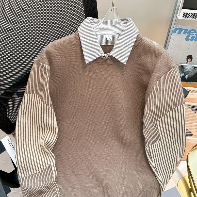 Fake two-piece knitted sweater men's Korean-style slim-fit striped shirt collar men's long-sleeved led outer wear autumn top fashion