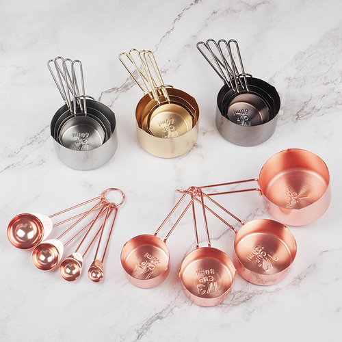Nordic style 8-piece set of stainless steel rose gold measuring spoons and measuring cup set baking tools copper-plated measuring spoons